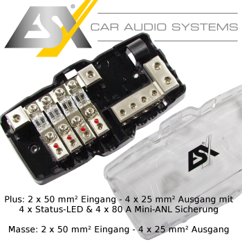 ESX DFD-2/4G Mini-ANL Sicherungsverteiler Stromverteiler Verteilerblock 2 x 50mm² - 4 x 25mm² für Plus und Minus