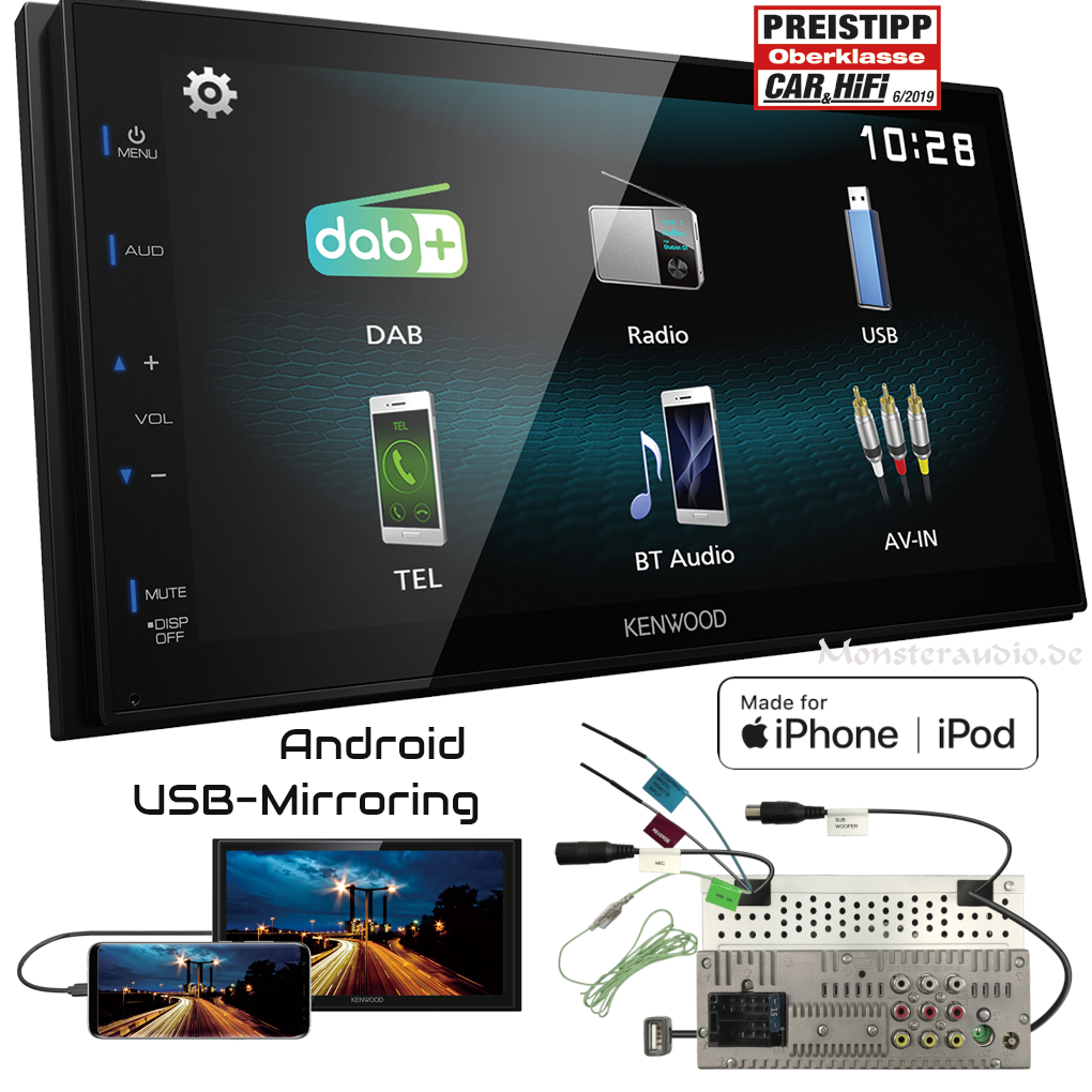 Monsteraudio Kenwood DMX125DAB 2DIN DAB+ Autoradio android USBmirroring Touch Bluetooth
