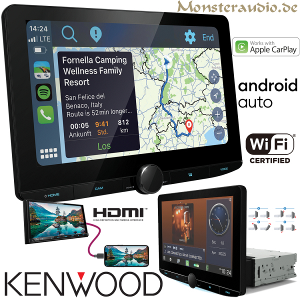 Kenwood DMX9724XDS 25,7cm Navitainer 1-DIN Chassis mit 10,1" HD-Display Navi Navigation DAB Doppel-DIN
