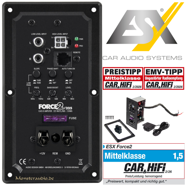 ESX FORCE2/325 325 Watt Mini Einbau-Verstärker Digital Endstufe für Aktivsubwoofer FORCE 2/325