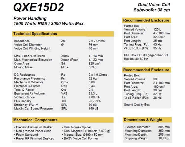 ESX QXE15D2 38cm Subwoofer QXE-15D2